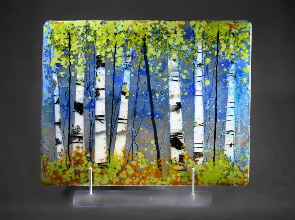 Blue Sky Birch Trees 11″ x 9 1/2″ - Fused Glass