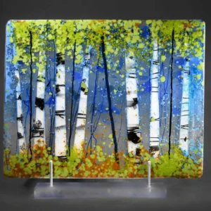 Blue Sky Birch Trees 11″ x 9 1/2″ - Fused Glass