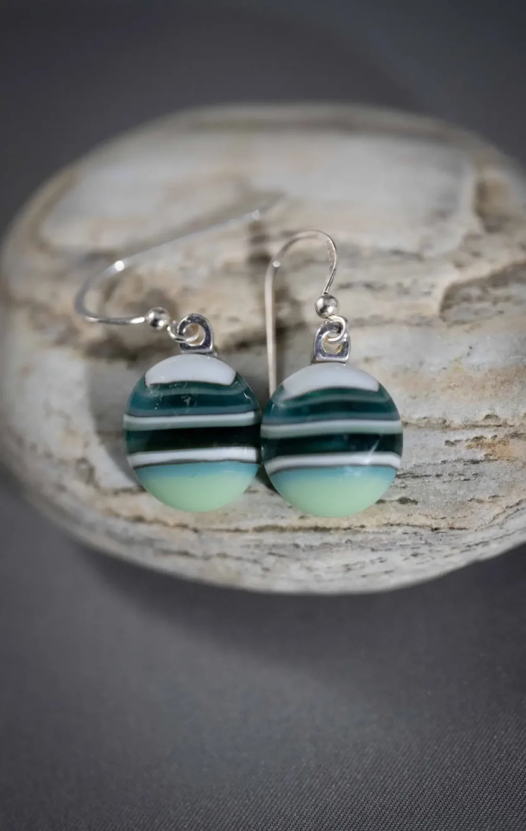 Striped Green Earrings - Fused Glass