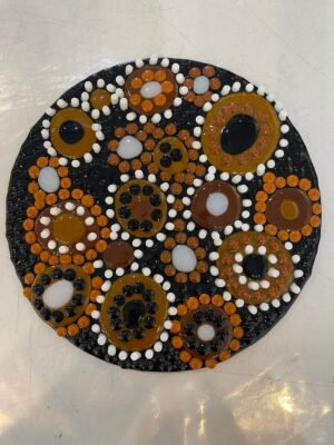 Black background with earth tones glass circles in an inviting design.