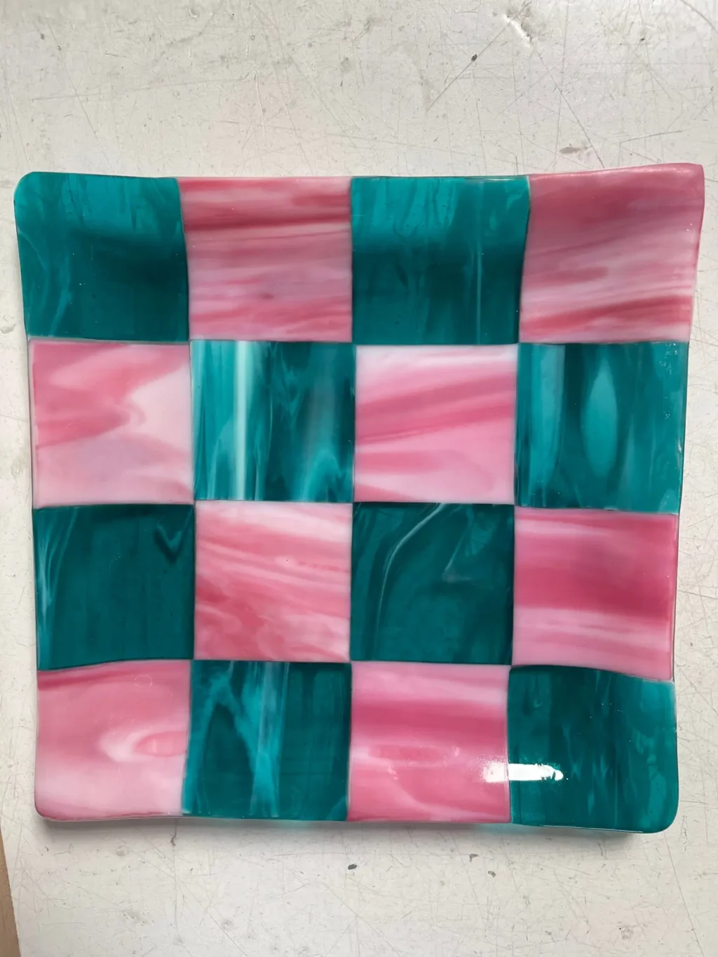 Playful Pink and Teal Checks - Fused Glass