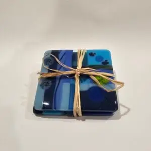 Blue Patchwork Glass Coaster Set (2)