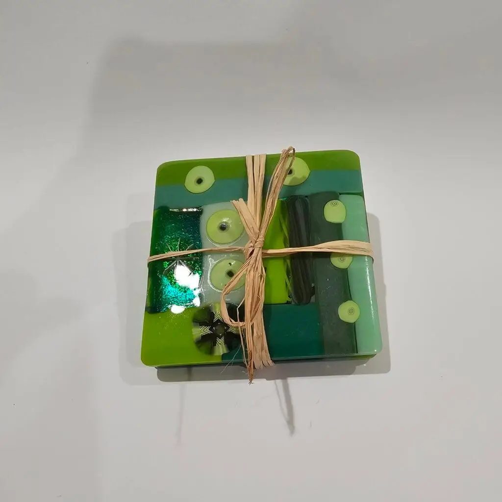 Green Patchwork Glass Coaster Set (2) - Fused Glass