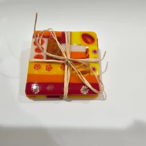 Red Patchwork Glass Coaster Set (2) - Fused Glass