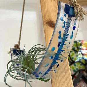 Air Plant Hanger – Clear & Blue – 13.5″ x 2″ - Fused Glass