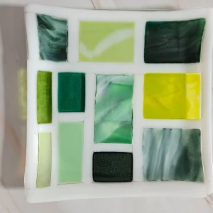 “Verdant Patchwork” Plate 8″ x 8″ - Fused Glass