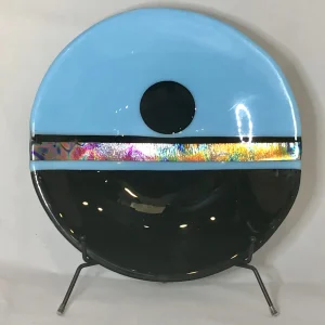 Blue and Black 11″ Platter with a colorful Dichroic strip - Fused Glass