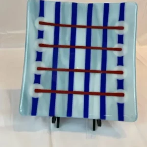 Blue Platter with Blue and Red Stripes - Fused Glass