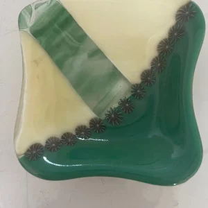 Emerald and Cream Small Dish 4″ Square - Fused Glass