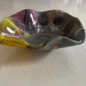 Yellow, Gray and Purple Ruffled Bowl 8″ - Fused Glass