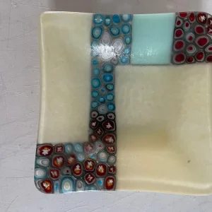 Cream, Blue and Red Small Dish 5″ x 5″ - Fused Glass