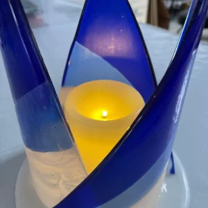 “Cathedral Flame” Candle Holder 8″ Round Base x 9″ Tall - Fused Glass