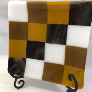 8″ Brown & White Curved Square Plate - Fused Glass