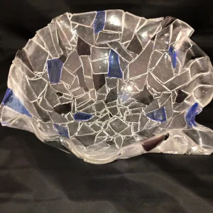 14″ Mosaic Clear, Black, & Blue Bowl - Fused Glass