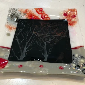 Trees are the center piece of this plate 8 1/2″ x 8 1/2″ - Fused Glass