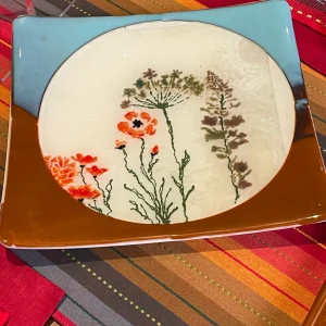 Orange Flowers with Greenery – Square Plate with Round Circle Center 10″ - Fused Glass