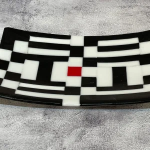 Geometric Black and White with a Red Square in the Middle 7″ x 12″ Tray - Fused Glass