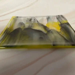 Yellow and Black Design on Clear Glass Plate 8 1/2″ x 8″ - Fused Glass