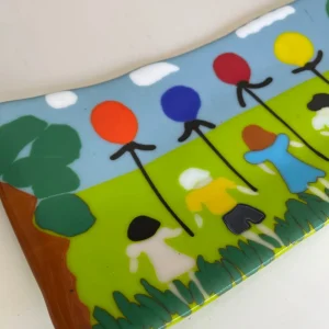 Kids with Balloons Tray 7″ x 15″ - Fused Glass