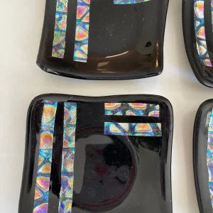 Set of 4 Dessert Dishes Black Accented with Dichroic Glass – size 5″ x 5″ each - Fused Glass