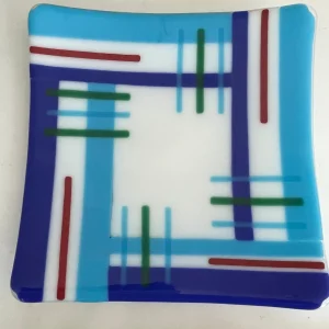 White Plate with Blue, Red, and Green Stripes 12″ x 12″ - Fused Glass