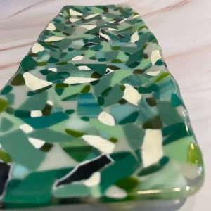 Green and Cream mosaic-style tray 16.5″ x 6.5″ - Fused Glass