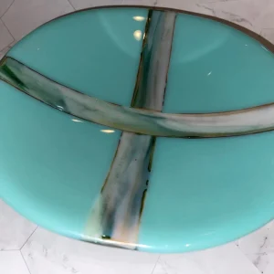 Mint Green Bowl with Green, Cream, and Brown Touches 8.5″ Round - Fused Glass