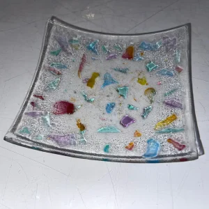 Small dish – clear with multi-colored small pieces 4.5″ Square - Fused Glass