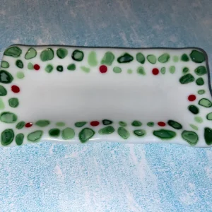 Christmas Tray – white with green and red 8″ x 4″ - Fused Glass