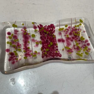 Clear tray with cranberry and lime green 8″ x 4″ - Fused Glass