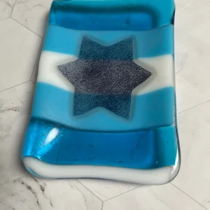 Star of David small tray with blue and white stripes 6″ x 4″ - Fused Glass