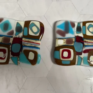 Brown, Cream. and Blue Coasters – set of 2 - Fused Glass